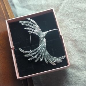 Vintage Hummingbird Brooch – Silver Tone Shimmery Costume Jewelry
